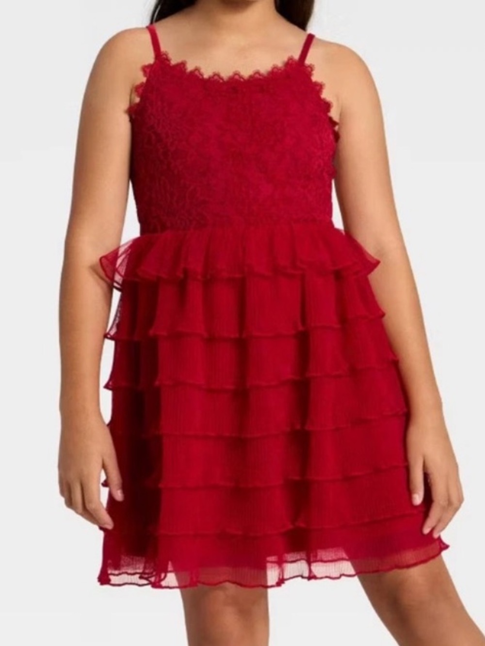 Beautiful Little Girls Red Tiered Lace & Ruffle Party Dress